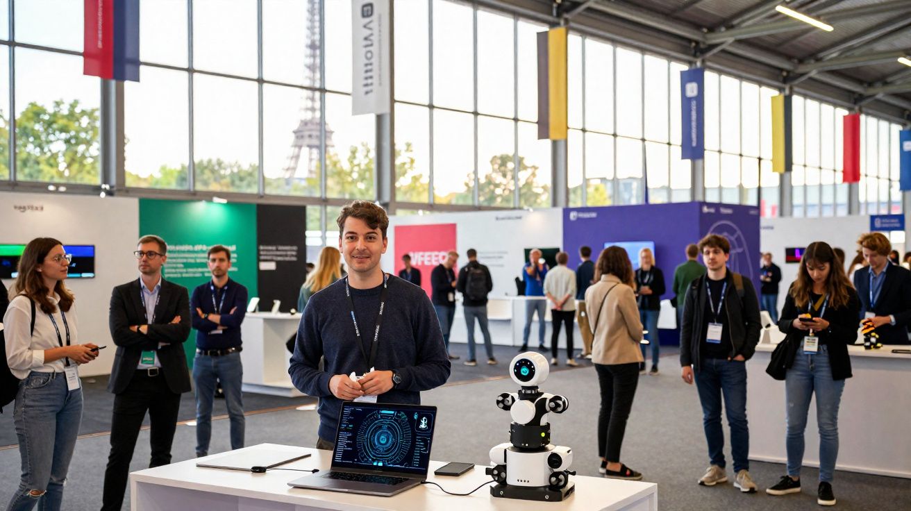 Pessoa em estande de tecnologia com robô branco e laptop em evento em Paris, torre Eiffel ao fundo.