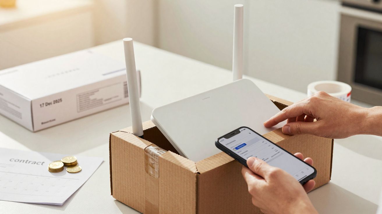 Pessoa configurando roteador Wi-Fi novo com smartphone sobre mesa em ambiente iluminado.