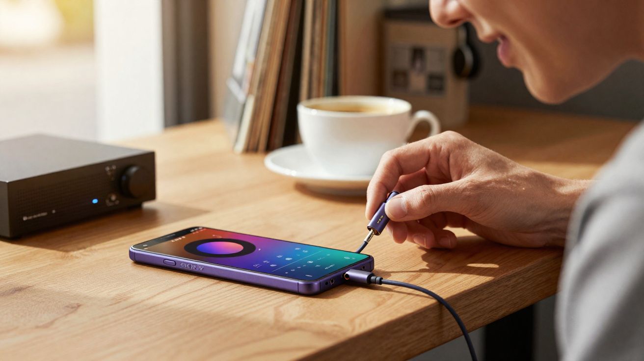 Pessoa conectando fone de ouvido a smartphone roxo sobre mesa de madeira com xícara de café ao fundo.