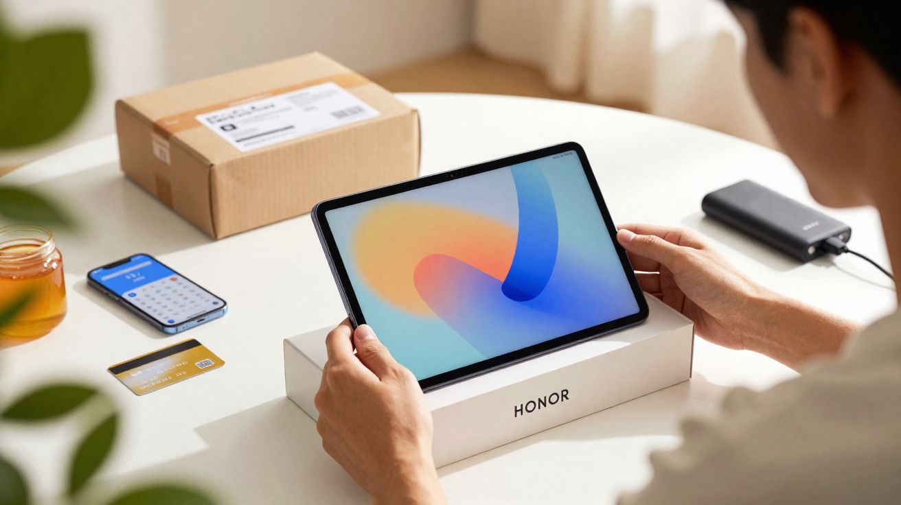 Pessoa segurando tablet Honor sobre caixa branca em mesa com celular, cartão e caixa de papelão.