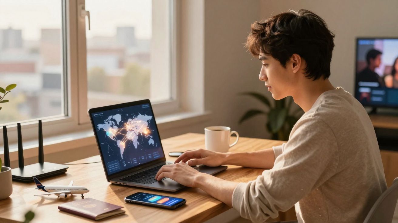Jovem sentado à mesa usando laptop com mapa-múndi e conexões de rede em ambiente iluminado natural.