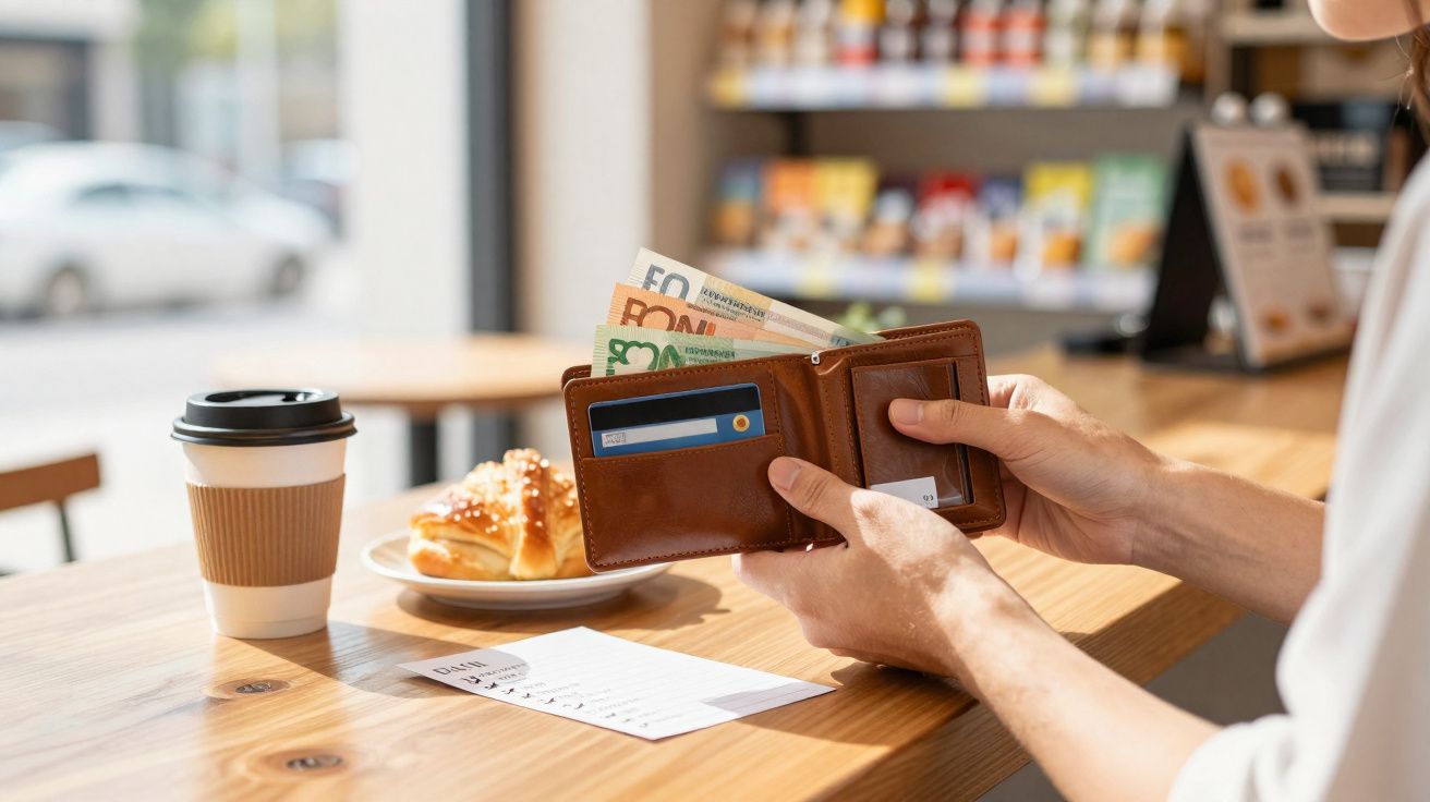 Pessoa segurando carteira com dinheiro em mesa de café com pão e copo descartável.