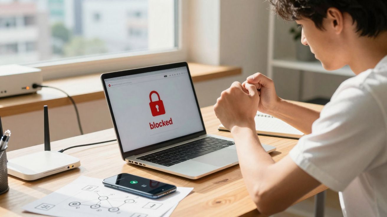 Pessoa frustrada olhando para laptop com mensagem de site bloqueado em tela no ambiente de trabalho.