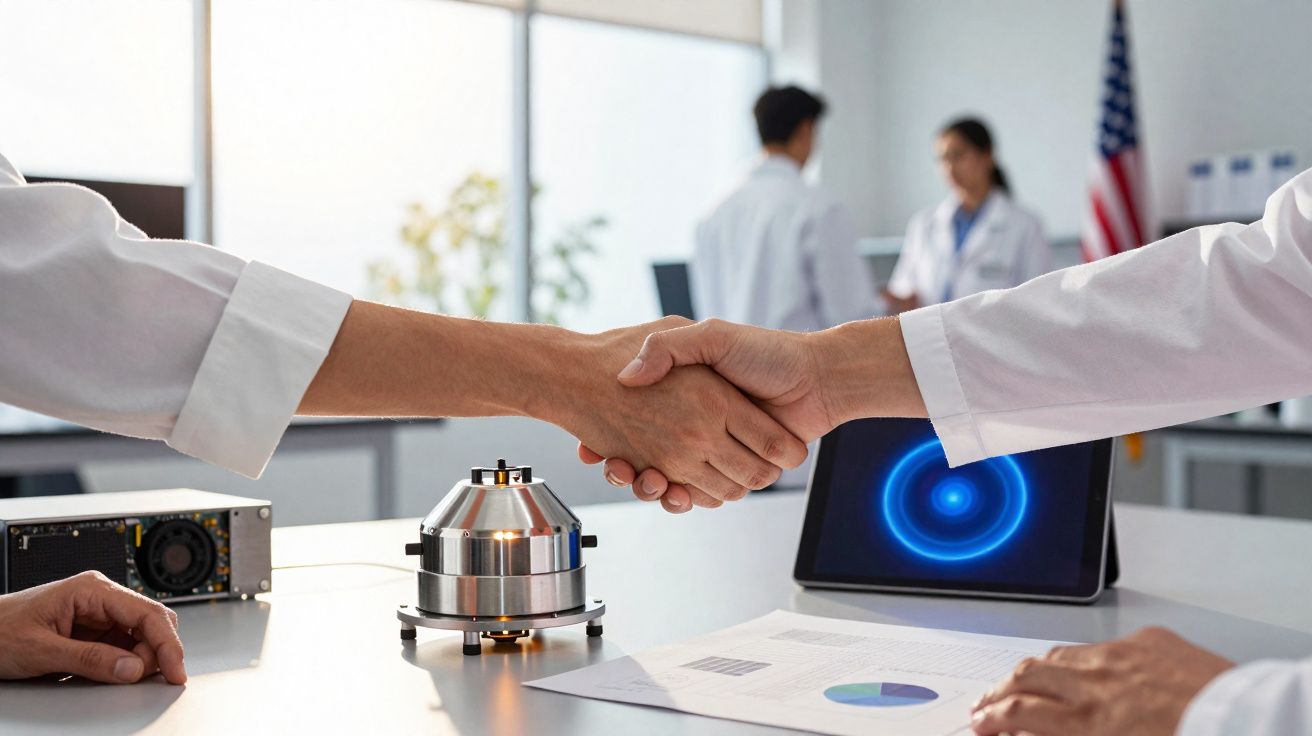 Duas pessoas apertando as mãos em mesa com equipamento tecnológico e gráficos, em ambiente de escritório.