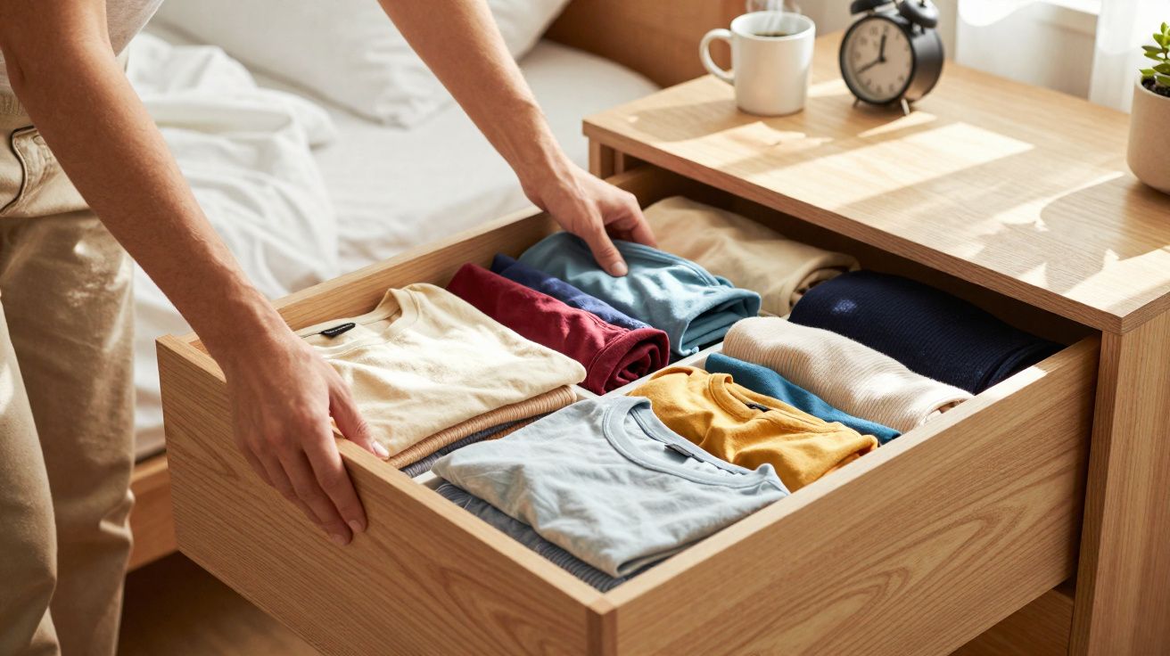 Pessoa organizando roupas dobradas em gaveta de madeira clara ao lado de cama com xícara e relógio.