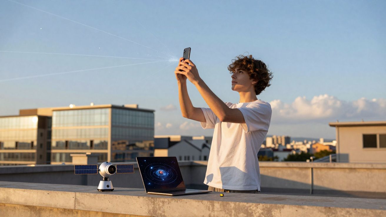Jovem com camiseta branca tira foto com celular ao lado de laptop e miniatura de satélite em área externa.