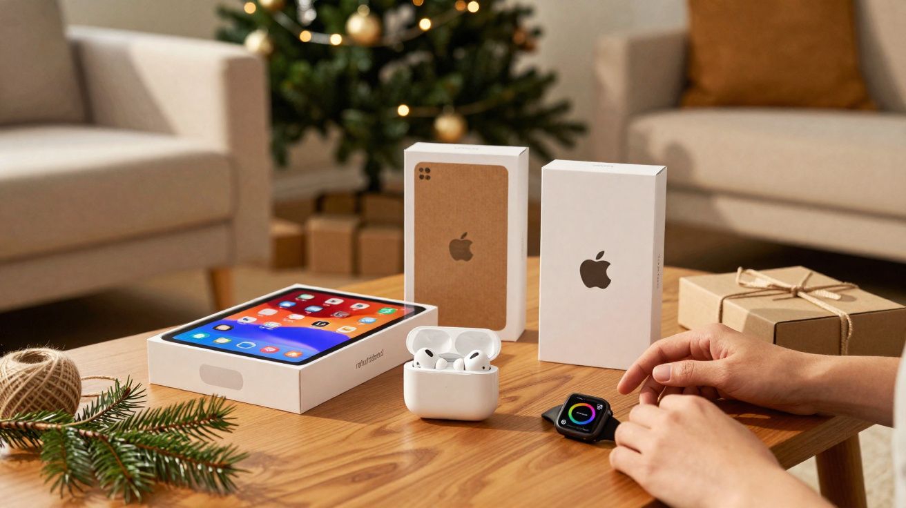 Mesa com caixas de iPhone, fones AirPods, relógio Apple Watch e decoração natalina ao fundo.