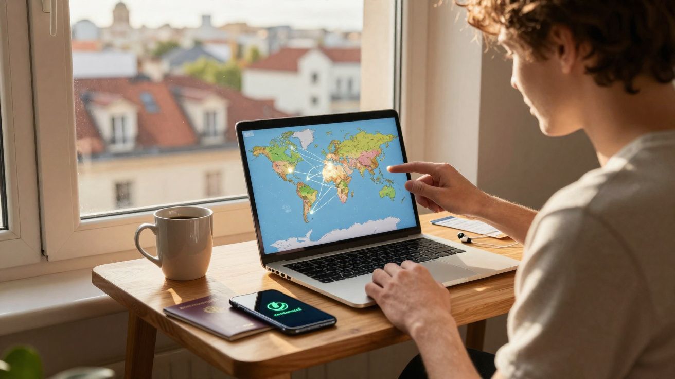 Pessoa usando laptop com mapa mundi diante de janela em mesa com xícara, passaporte e celular.