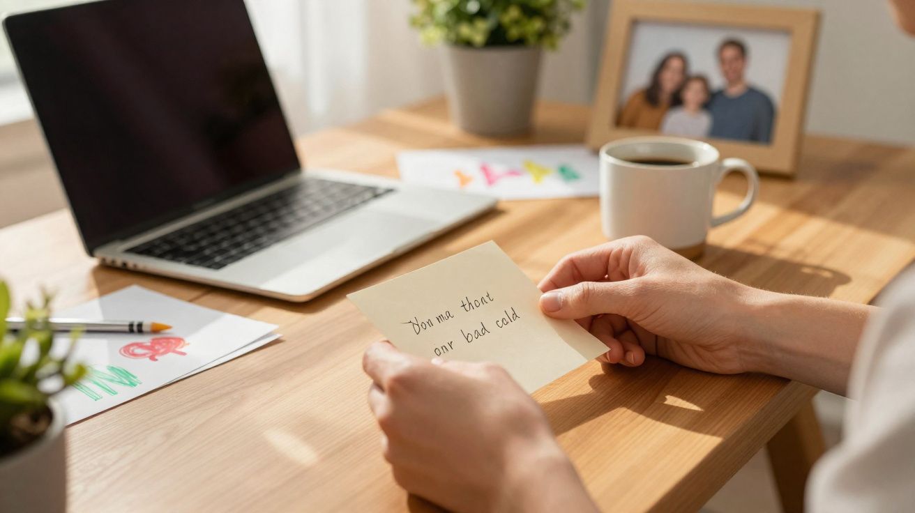Mãos segurando um bilhete escrito, mesa com laptop, xícara de café, planta e foto de família ao fundo.