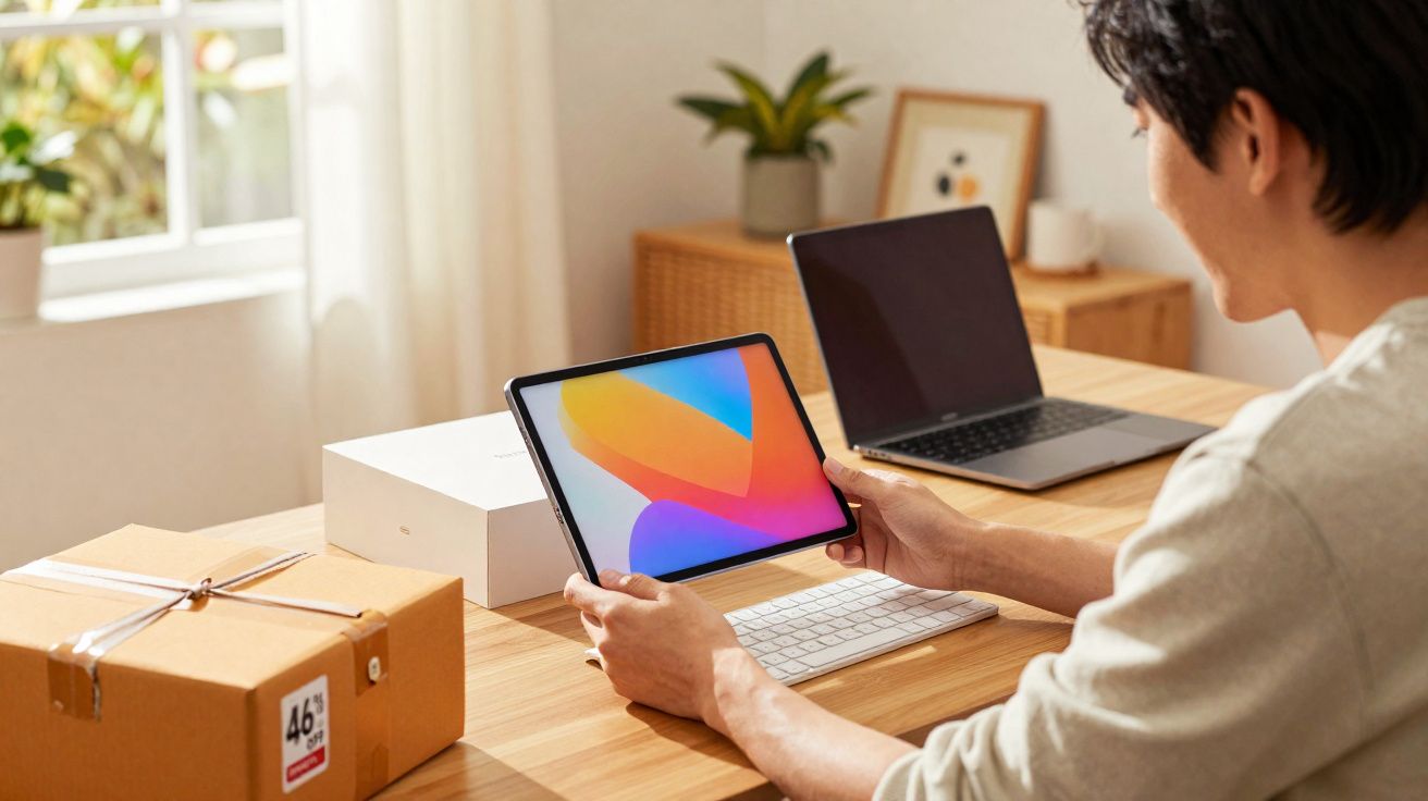 Pessoa segurando tablet em mesa de trabalho com laptop, teclado e caixas ao redor.