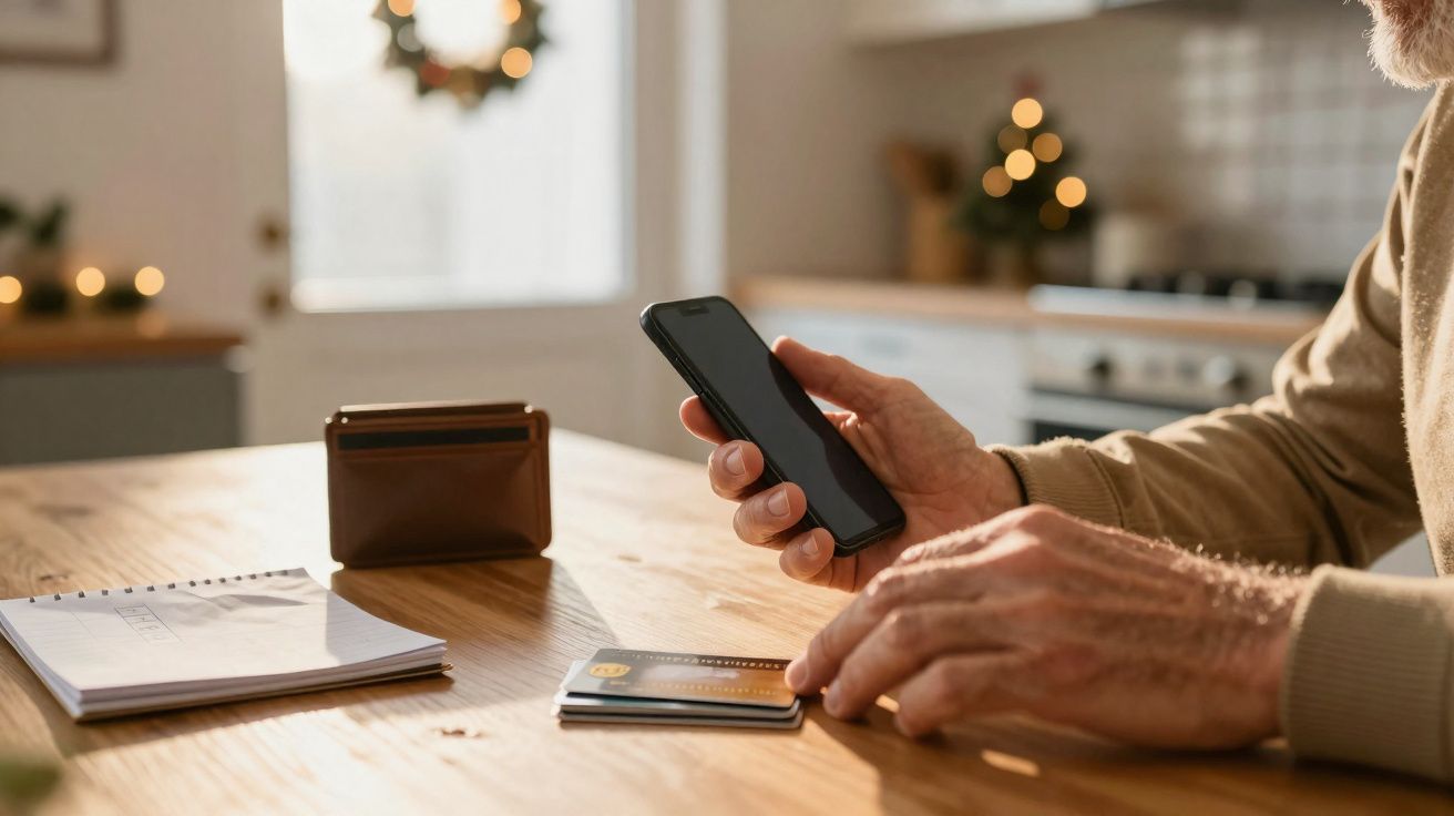 Pessoa usando smartphone e cartão de crédito em mesa de madeira com carteira e bloco de notas.
