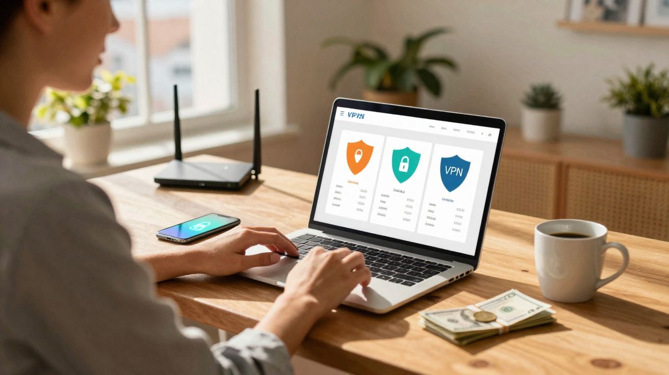 Pessoa usando laptop com site de VPN aberto, celular, roteador e dinheiro sobre mesa de madeira.