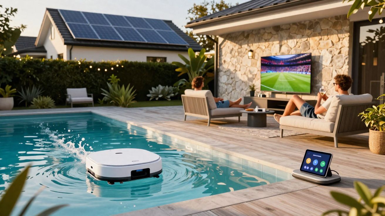 Robô limpador de piscina operando enquanto duas pessoas assistem futebol na TV ao ar livre.