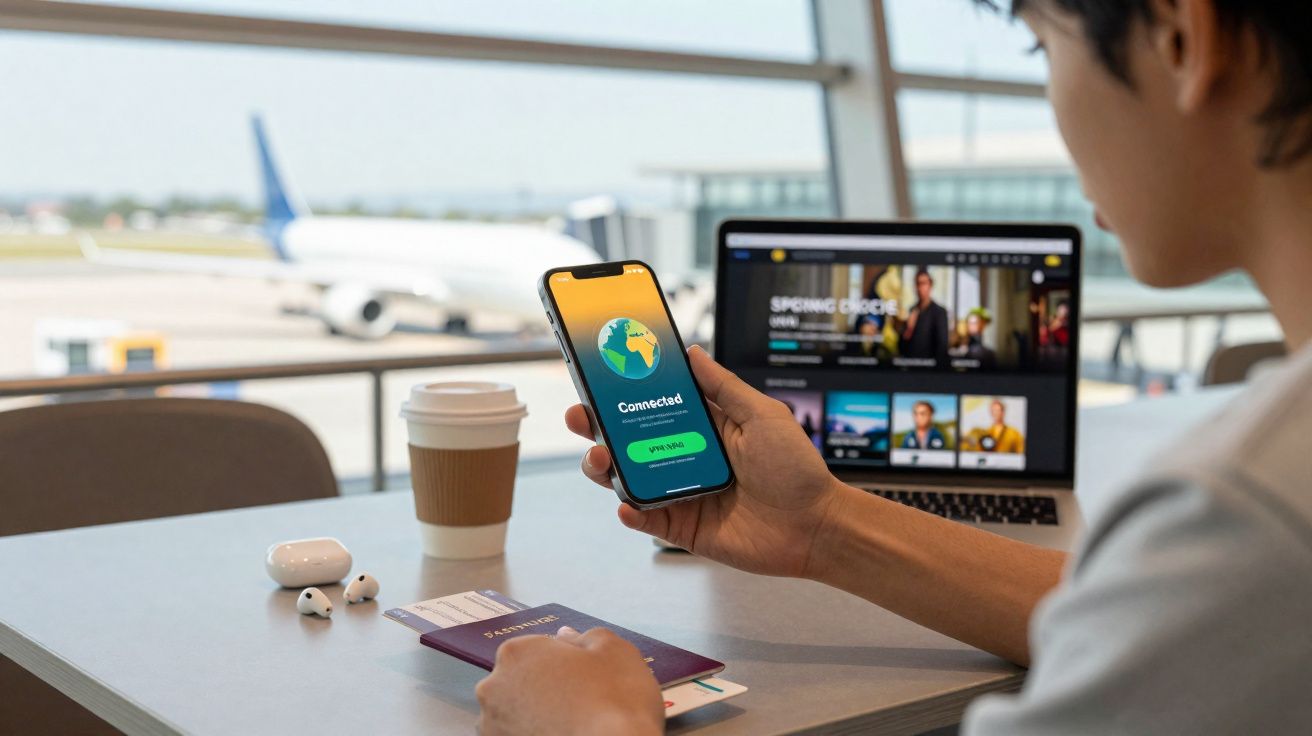 Pessoa em aeroporto segurando celular com app conectado, ao lado de laptop, passaporte e copo de café.