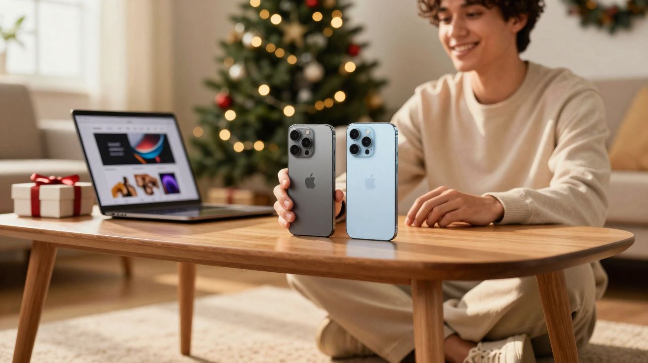 Jovem sentado no chão mostrando dois iPhones sobre mesa de madeira com árvore de Natal ao fundo.