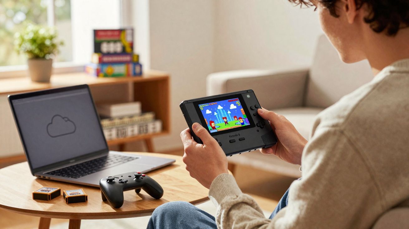 Pessoa jogando videogame portátil retro, ao lado de notebook e controle sobre mesa de madeira.