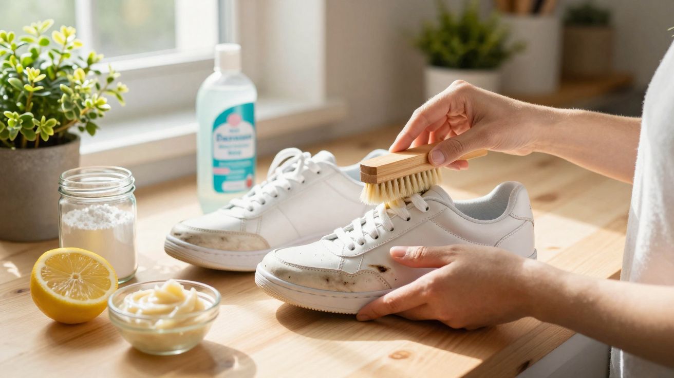 Pessoa limpando tênis branco com escova e produtos naturais sobre mesa de madeira.