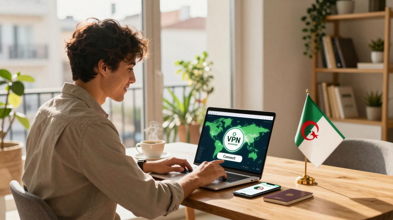 Jovem usando laptop com VPN ativa em mesa com bandeira da Argélia, celular e passaporte.