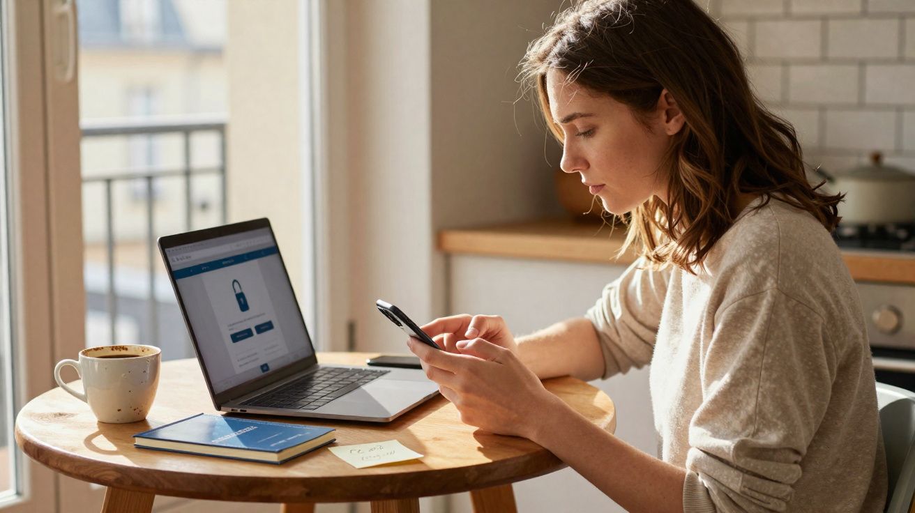Mulher sentada em mesa redonda com notebook aberto em página de login, usando celular e com xícara de café.