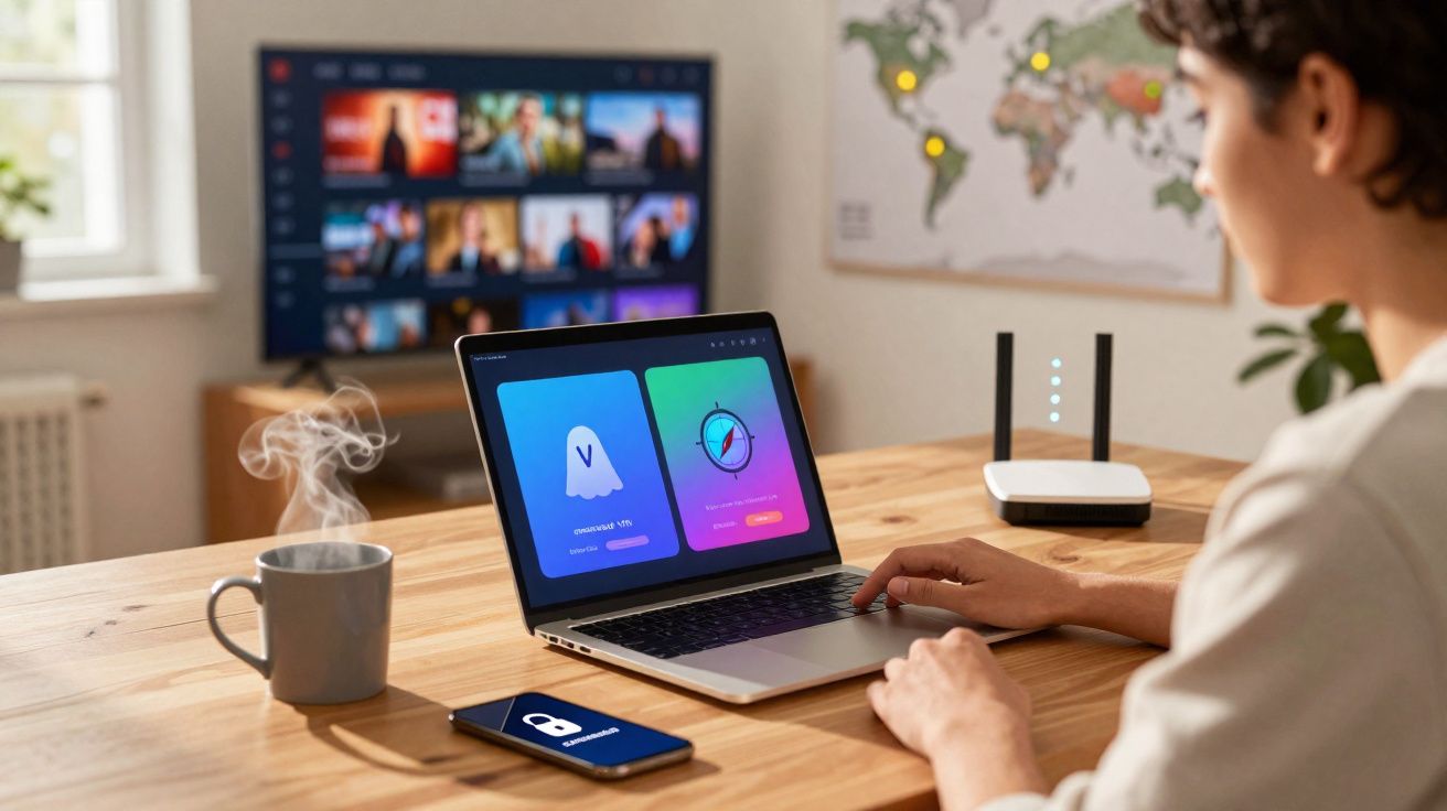 Pessoa usando laptop com apps de VPN, smartphone com ícone de privacidade e roteador em mesa de madeira.