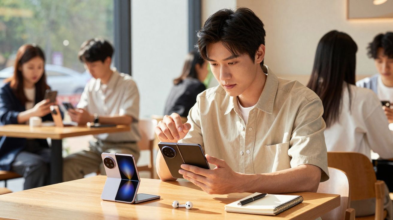 Jovem sentado à mesa em cafeteria, usando smartphone com fones de ouvido e caderno ao lado.