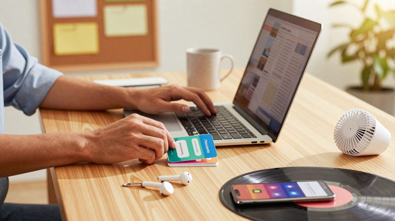Pessoa usando cartão para pagamento contactless ao lado de laptop, fones e celular sobre mesa de madeira.