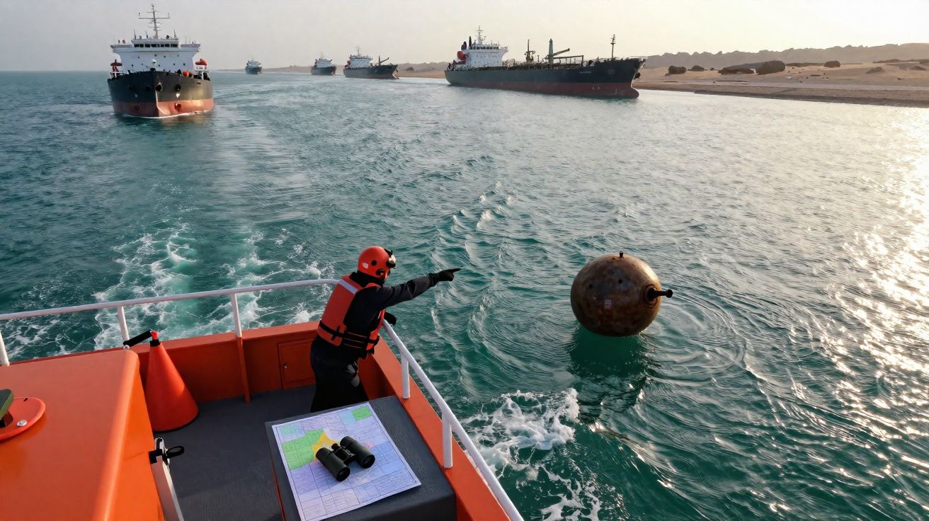 Homem com roupa de proteção aponta para uma mina flutuante no mar, com navios ao fundo e lancha laranja.