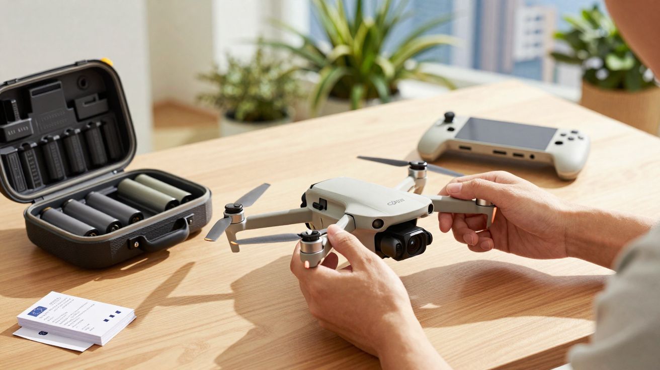 Pessoa segurando drone cinza sobre mesa de madeira com controle remoto e estojo com baterias ao fundo.