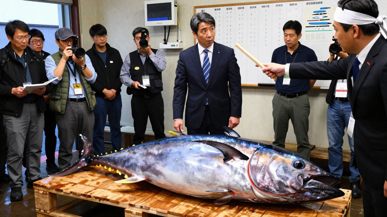 Homem de terno observa atum gigante em mesa enquanto grupo fotografa e outro aponta bastão para peixe.