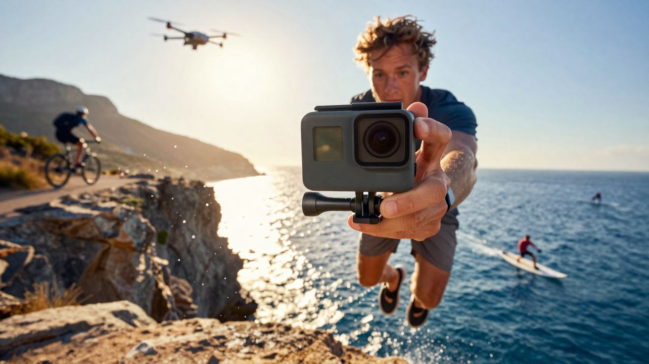 Homem pulando de penhasco com câmera GoPro, drone voando, ciclista e surfistas ao fundo no mar.