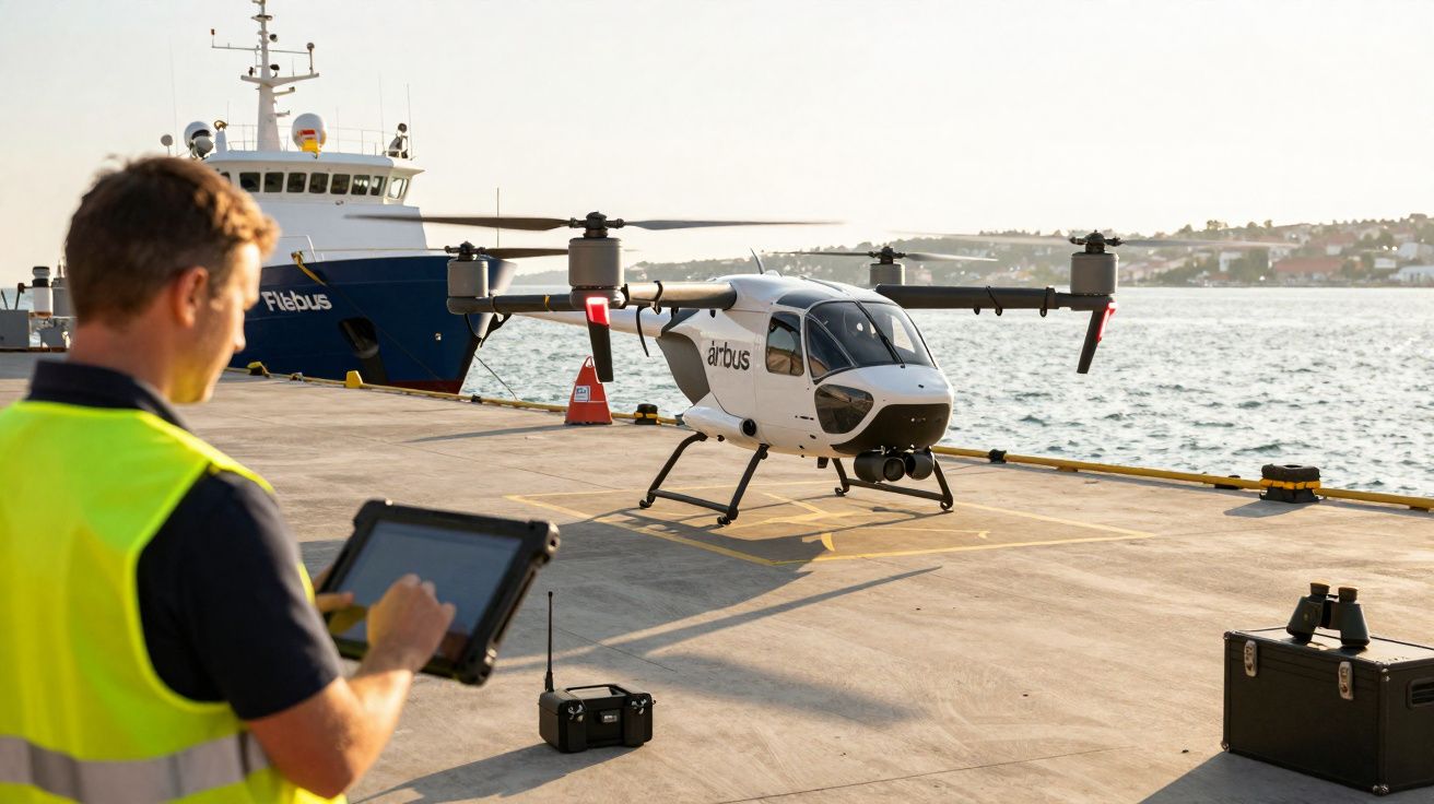 Homem operando tablet perto de drone voador no cais com navio ao fundo ao entardecer.
