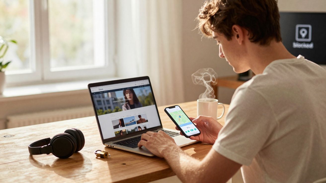 Jovem sentado à mesa usando laptop e celular com fones e caneca de bebida quente ao lado.