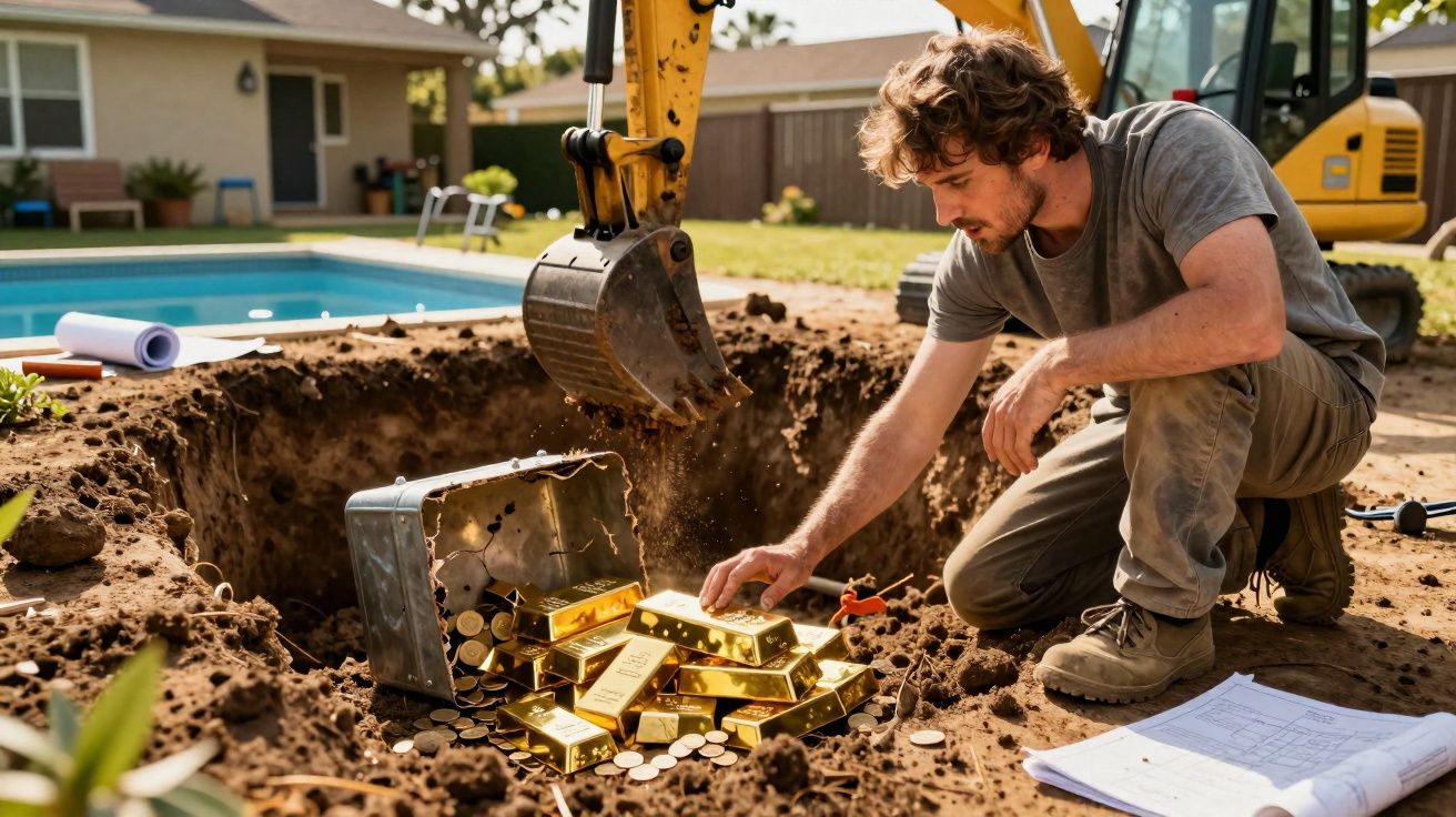 Homem escavando terreno próximo a piscina encontra baú com barras e moedas de ouro.