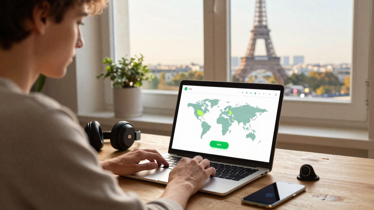 Pessoa usando laptop com mapa mundial na tela e Torre Eiffel ao fundo, em ambiente interno.