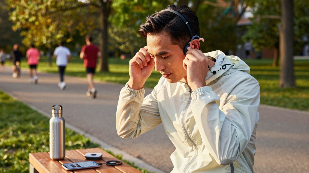 Homem ajusta fone de ouvido sentado em banco de parque com pessoas correndo ao fundo.