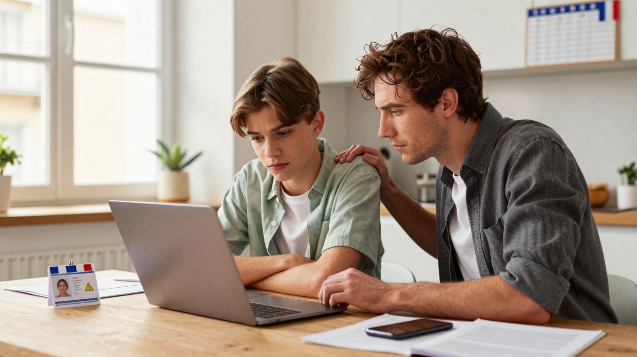 Homem mais velho orienta adolescente no uso de laptop em ambiente de estudo iluminado.