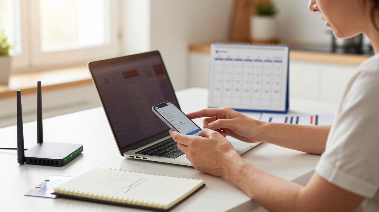Pessoa usando smartphone e laptop em mesa com roteador, caderno e calendário em ambiente claro.