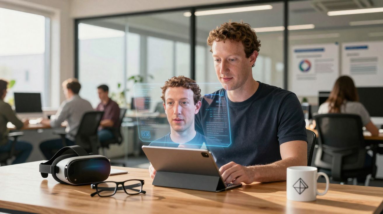 Homem usando tablet com holograma 3D de sua cabeça em escritório moderno, mesa com óculos e óculos de realidade virtual.