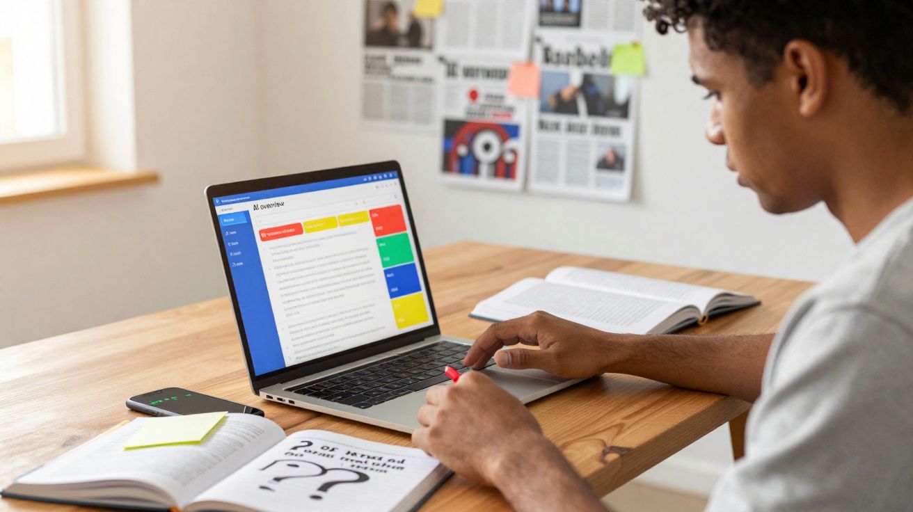 Homem estudando em mesa com notebook, livros abertos e celular em ambiente iluminado por janela.