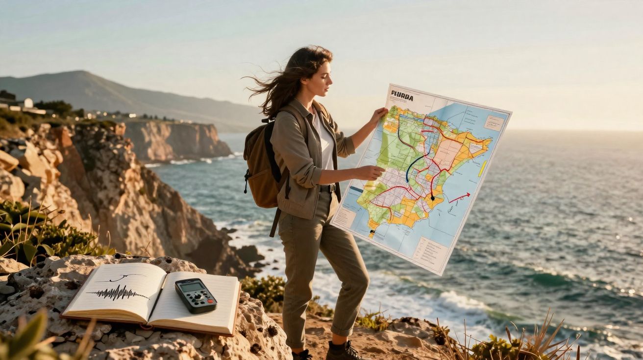 Mulher com mochila segurando mapa na beira de penhasco com mar ao fundo e caderno com gravador.