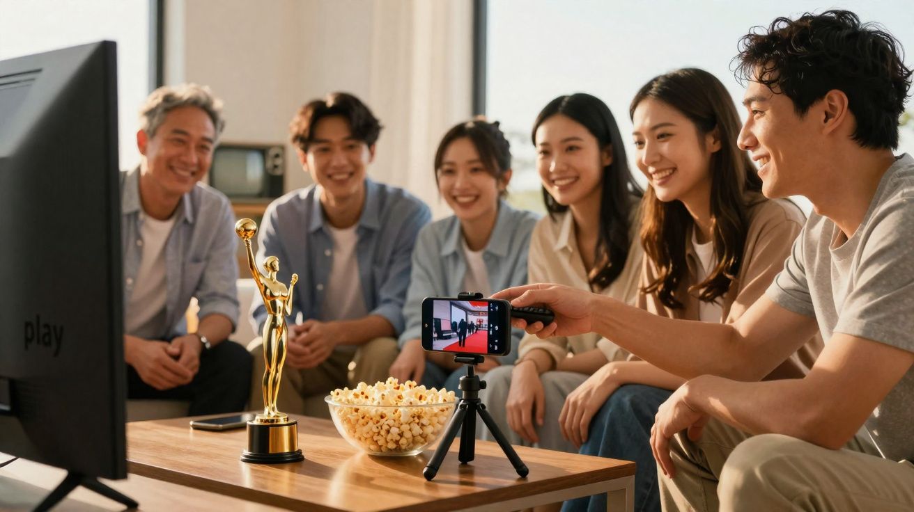 Grupo de cinco pessoas sorrindo, assistindo TV e gravando com celular, com estátua de prêmio e tigela de pipoca na mesa.