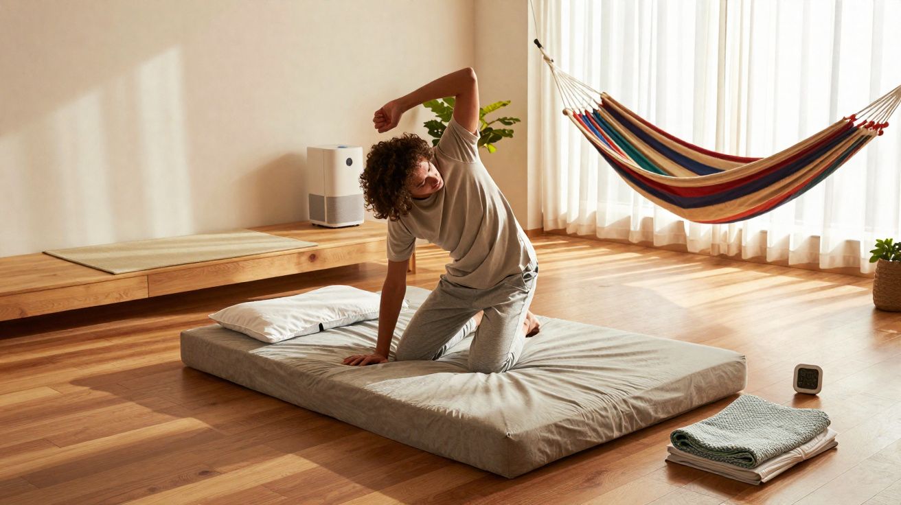 Pessoa fazendo alongamento em colchão no chão de quarto iluminado com rede colorida ao fundo.