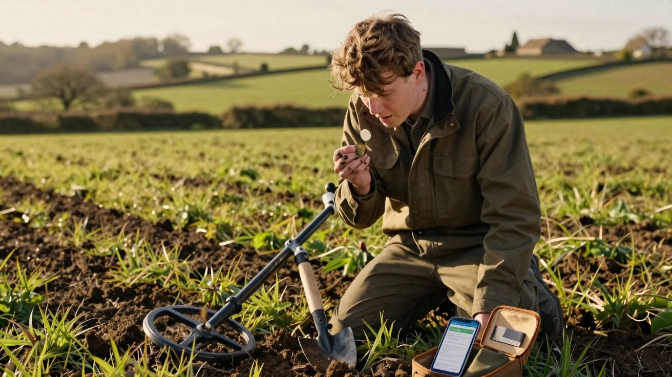 Jovem com roupa verde agachado em campo usa detector de metais e examina moeda encontrada no solo.