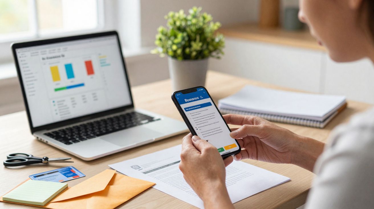 Pessoa usando smartphone para acessar aplicativo de banco, com laptop e documentos sobre mesa organizacional.