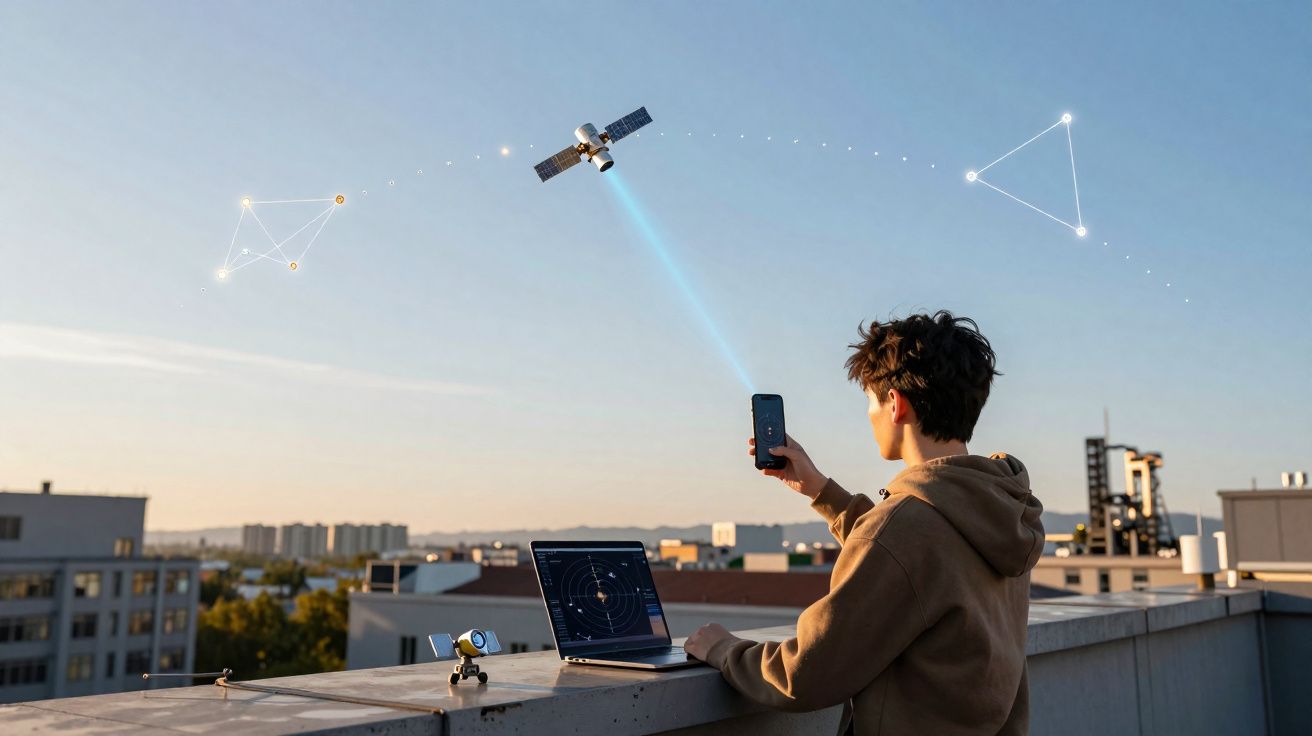 Jovem aponta celular para satélite no céu com laptop aberto simulando rastreamento espacial no telhado.