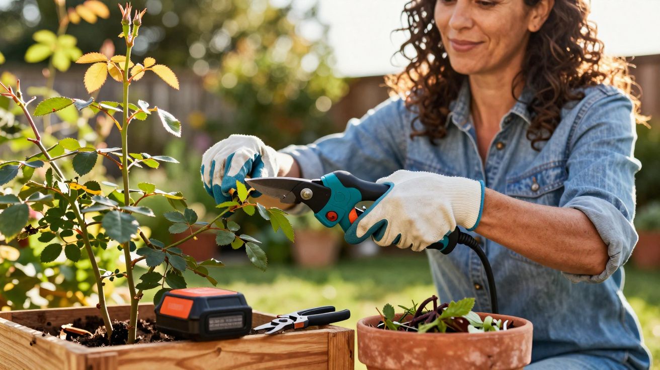 Mulher com luvas podando planta com tesoura elétrica em jardim ensolarado.