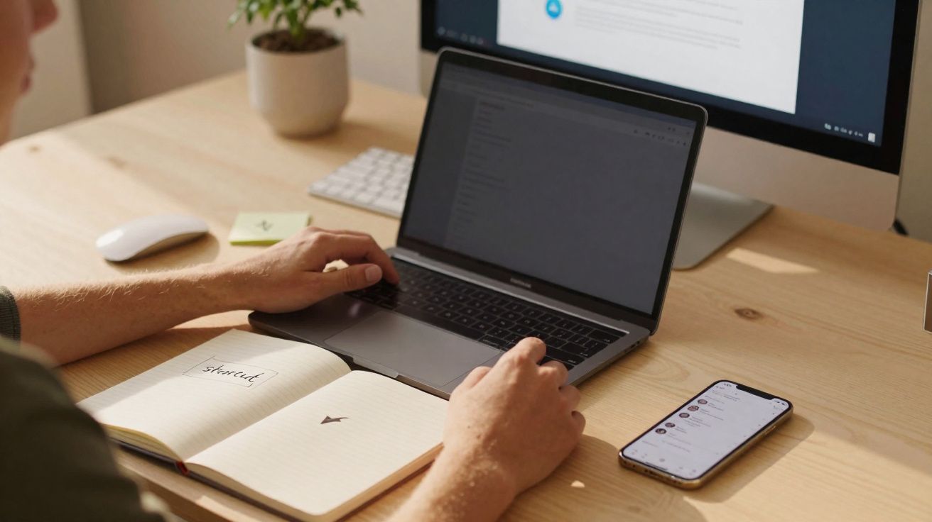 Pessoa usando laptop em mesa de madeira com caderno aberto e celular ao lado em ambiente iluminado.