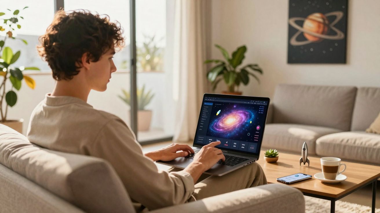 Pessoa sentada no sofá usando laptop com imagem de galáxia, ao lado de mesa com café, celular e mini foguete.