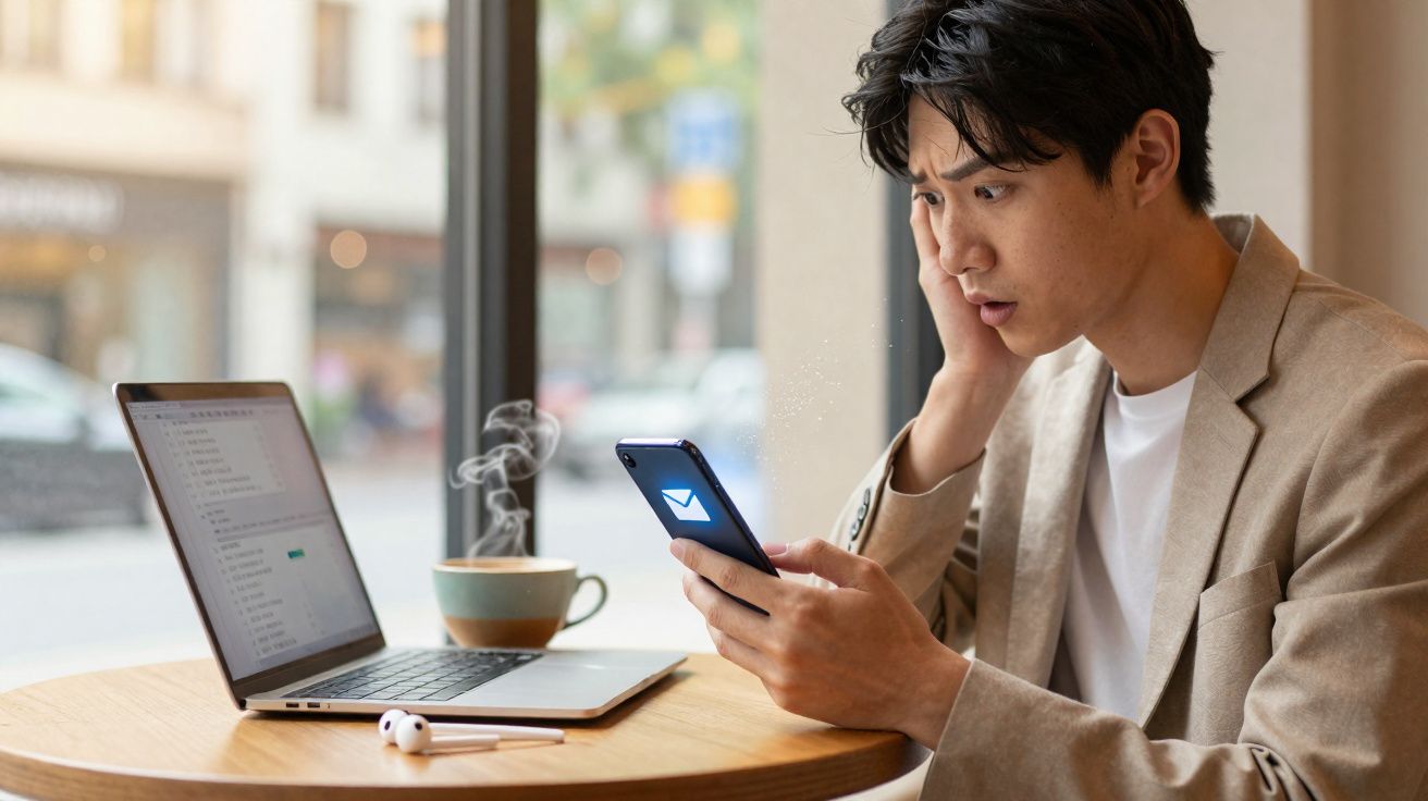 Jovem surpreso olhando mensagem no celular em café, com notebook aberto e copo de café na mesa.