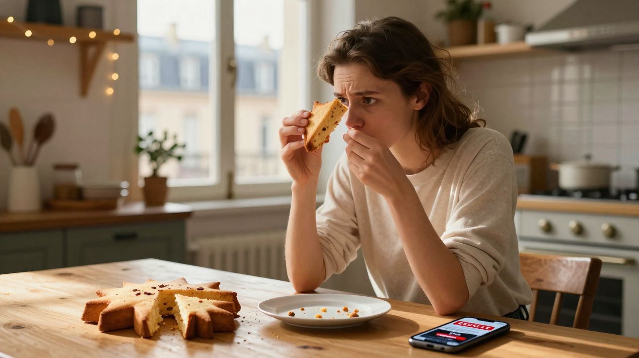 Mulher cheirando fatia de bolo com expressão desconfiada em cozinha, smartphone com alerta na mesa.